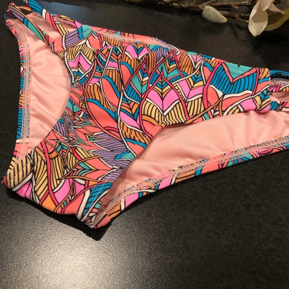 Sundazed Stunner Multi Strappy Bikini Bottoms Feather Stained Glass Print Pink
